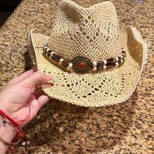 Beige Straw Cowboy Hat with Beaded Band